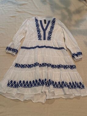 ME 2 Magic White Blue Embroidered Tiered Peasant Boho Midi Dress